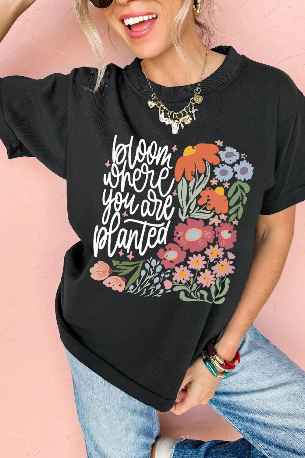 Black bloom where you are planted Floral Printed T Shirt