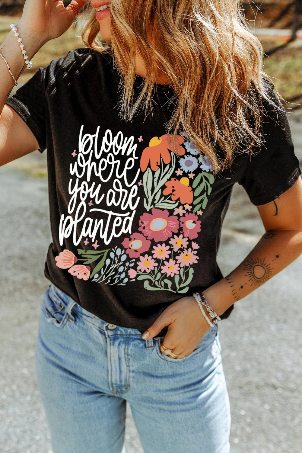 Black bloom where you are planted Floral Printed T Shirt