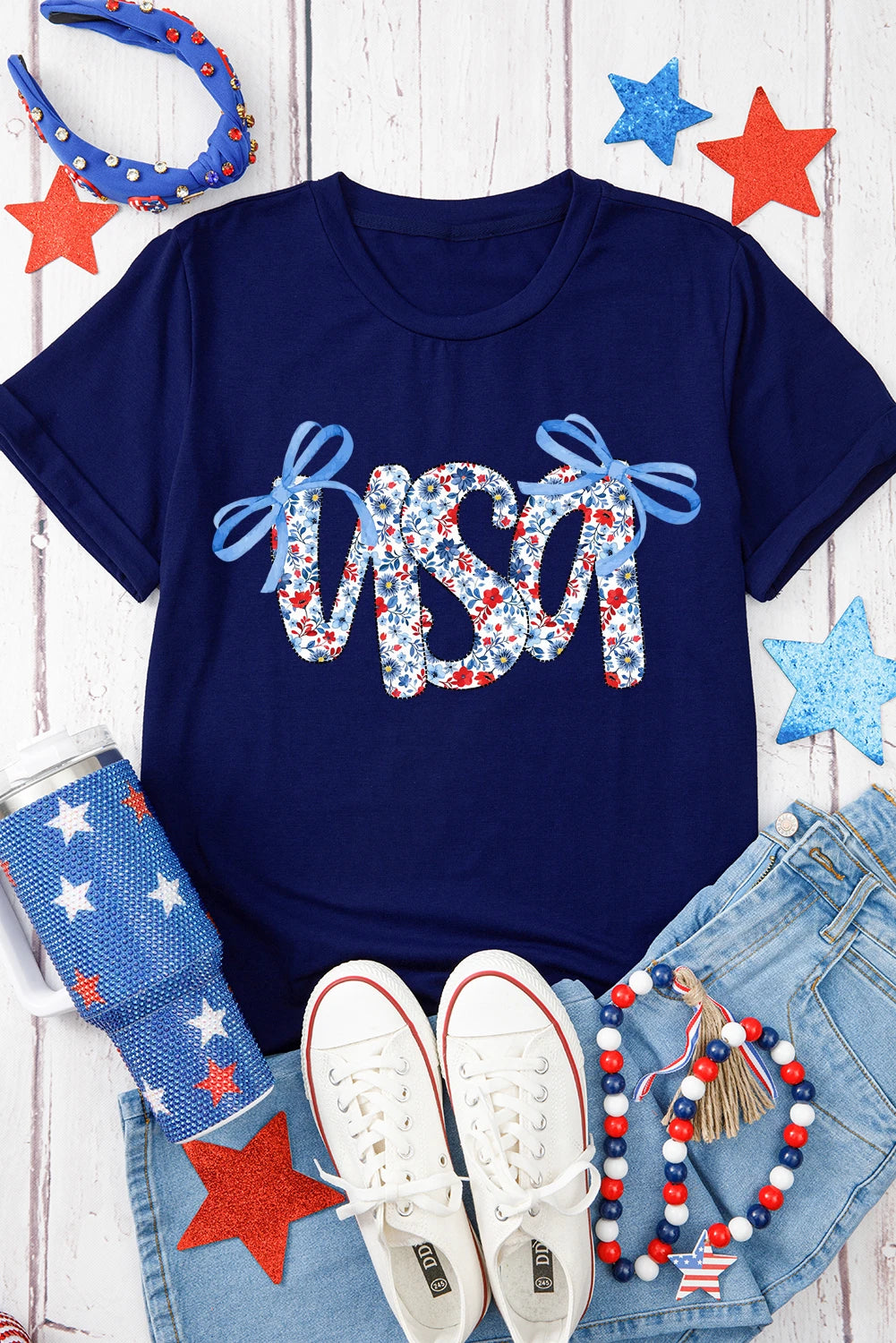 Blue Bow Floral usa Letter Print Independence Day T Shirt