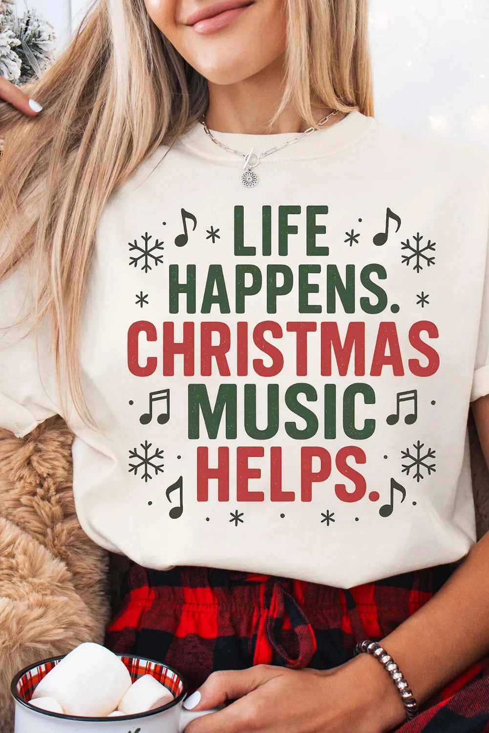 White LIFE HAPPENS CHRISTMAS MUSIC HELPS Graphic Tee