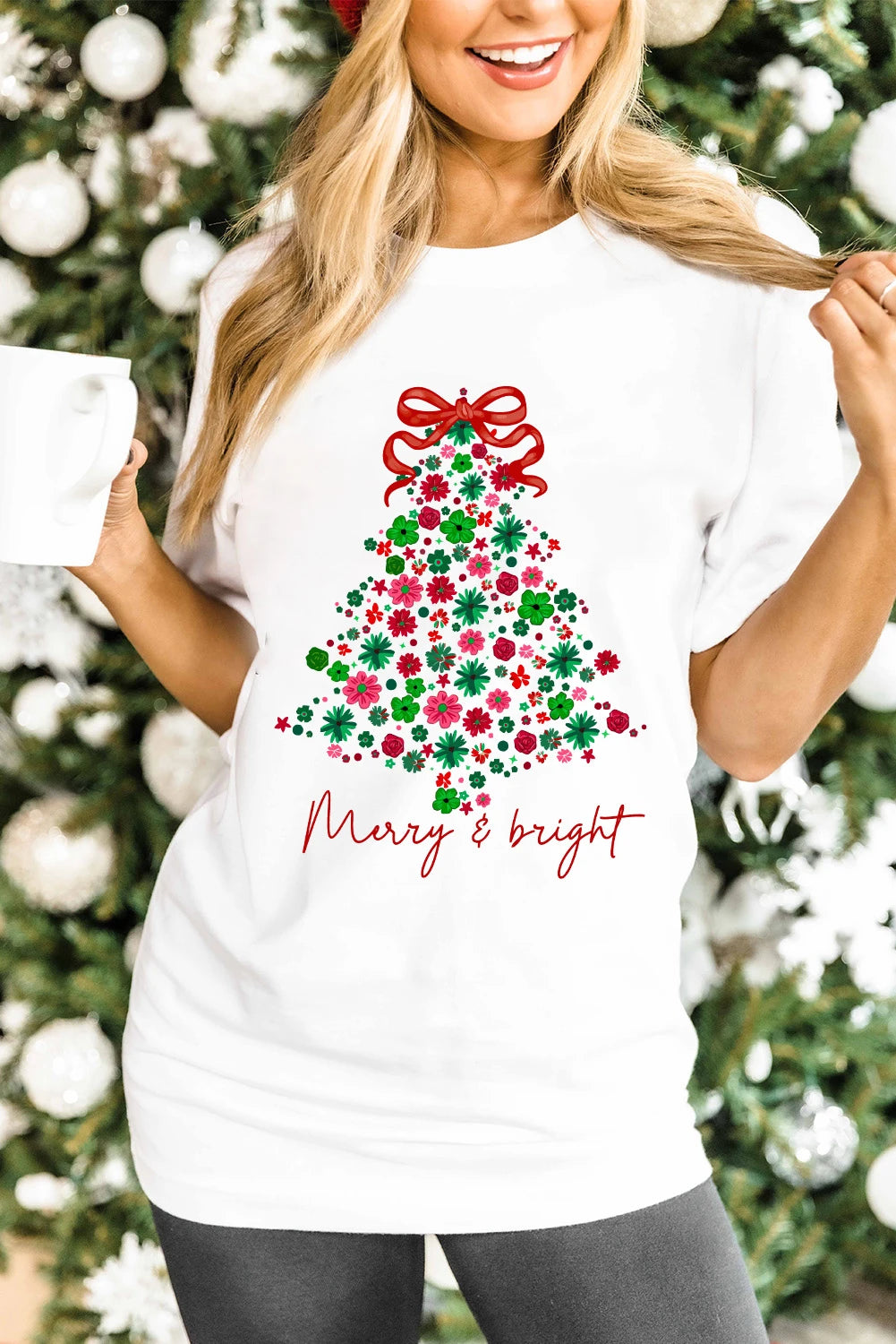 White Merry & Bright Floral Christmas Tree Graphic T Shirt