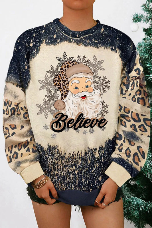 Black Believe Santa Claus Bleach Print Graphic Sweatshirt