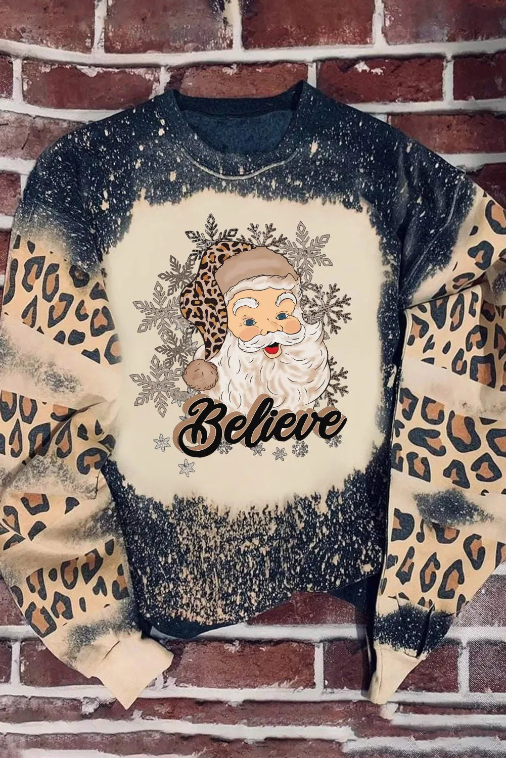 Black Believe Santa Claus Bleach Print Graphic Sweatshirt