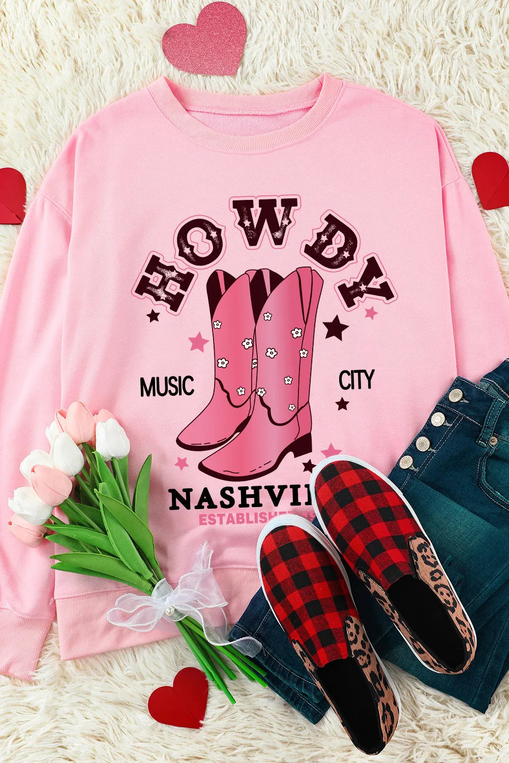 Pink HOWDY NASHVILLE Vintage Western Graphic Sweatshirt
