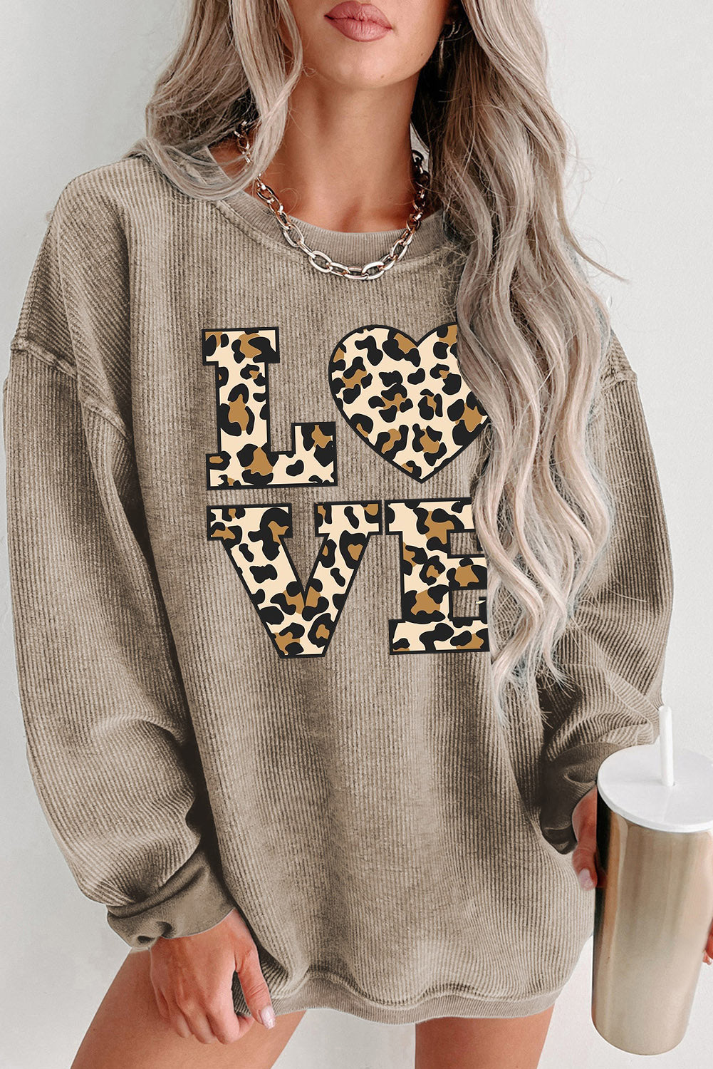 Valentine's Day Leopard Print Date Night Crew Neck Knit Sweatshirt