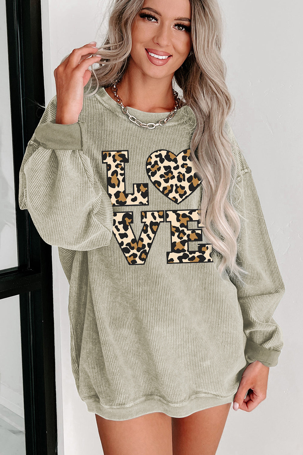 Valentine's Day Leopard Print Date Night Crew Neck Knit Sweatshirt