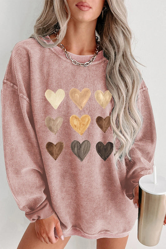 Pink Valentine Heart Graphic Corded Pullover Sweatshirt