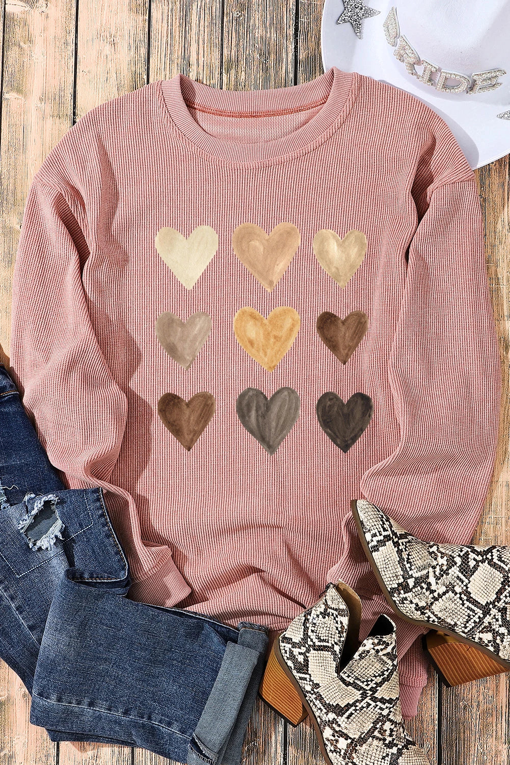 Pink Valentine Heart Graphic Corded Pullover Sweatshirt