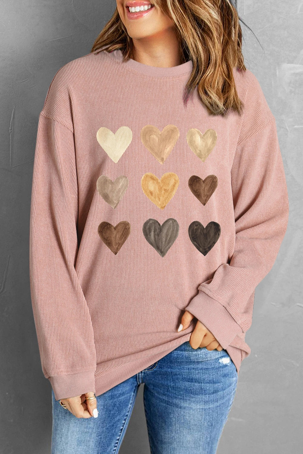 Pink Valentine Heart Graphic Corded Pullover Sweatshirt