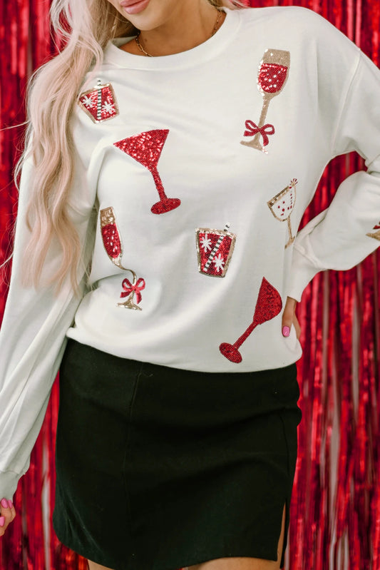 Beige Sequin Cheers Wineglasses Christmas Sweatshirt