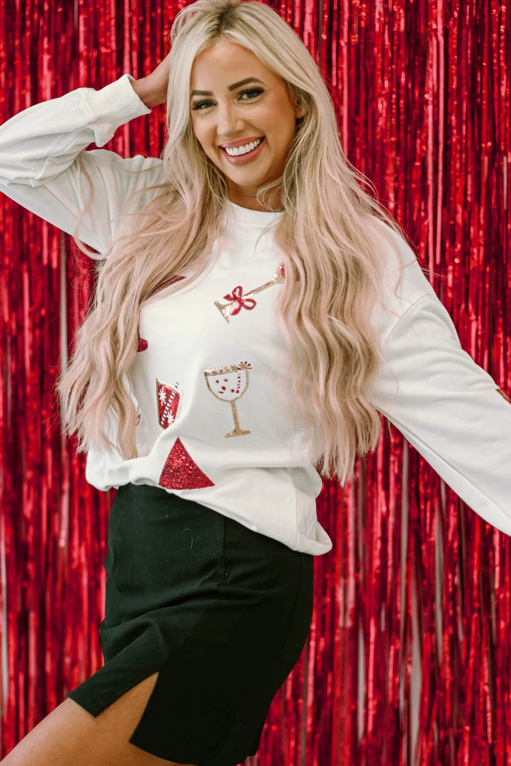 Beige Sequin Cheers Wineglasses Christmas Sweatshirt