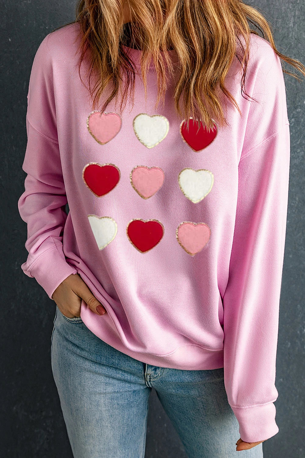 Pink Glitter Chenille Heart Patch Valentines Sweatshirt