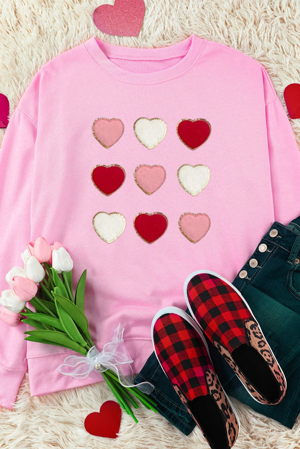 Pink Glitter Chenille Heart Patch Valentines Sweatshirt