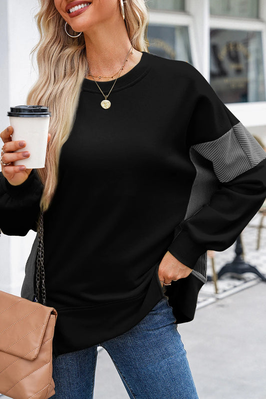 Black Corduroy Patched Side Slit Sweatshirt
