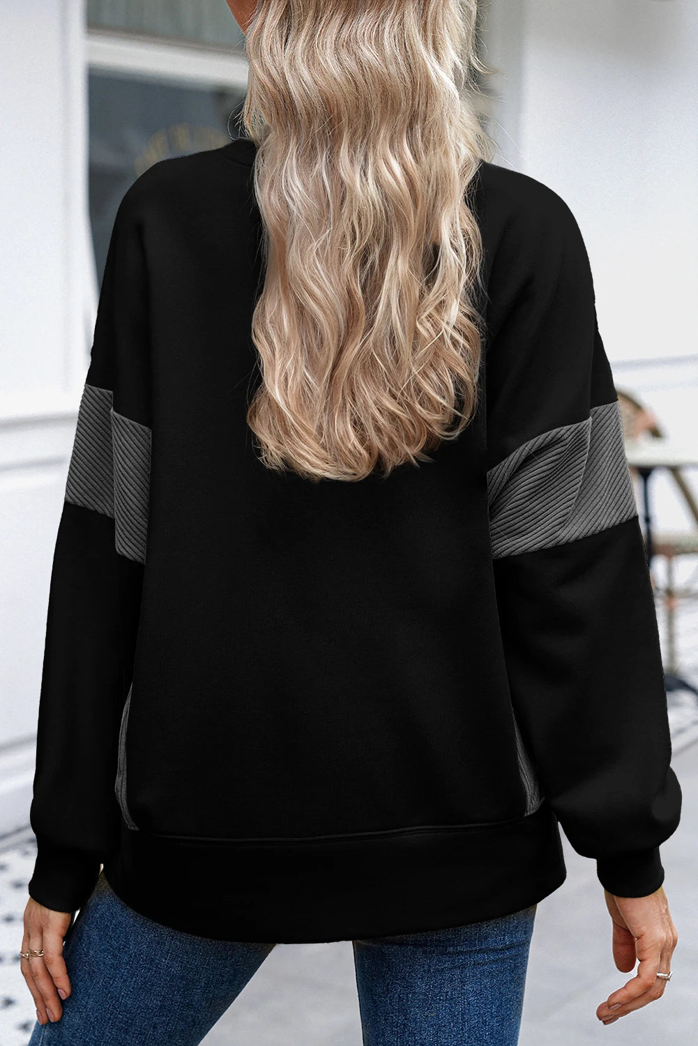 Black Corduroy Patched Side Slit Sweatshirt