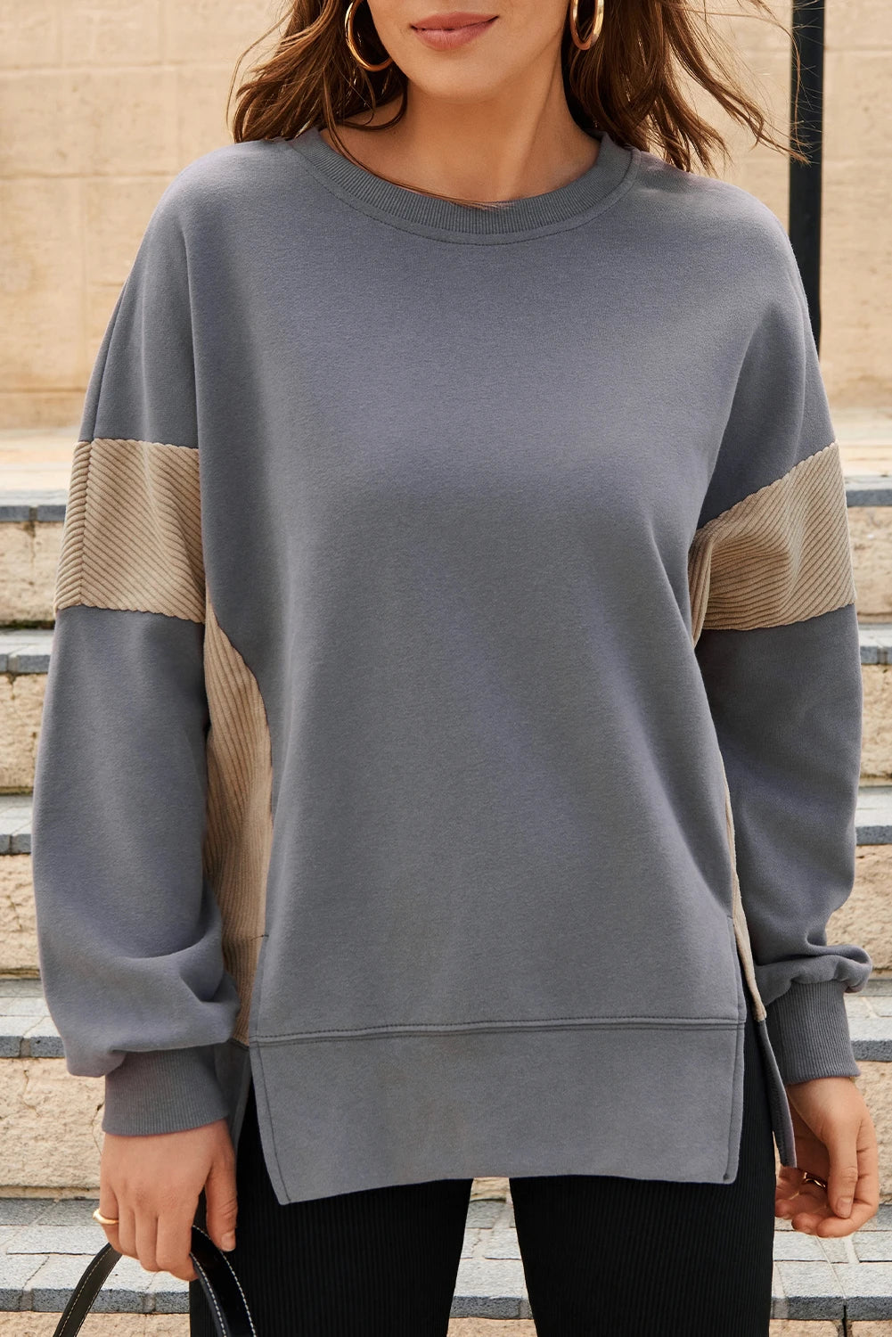 Black Corduroy Patched Side Slit Sweatshirt