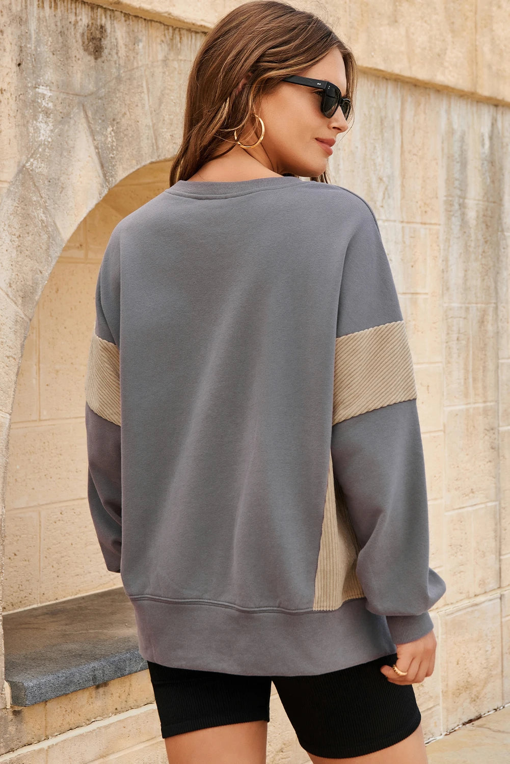 Black Corduroy Patched Side Slit Sweatshirt