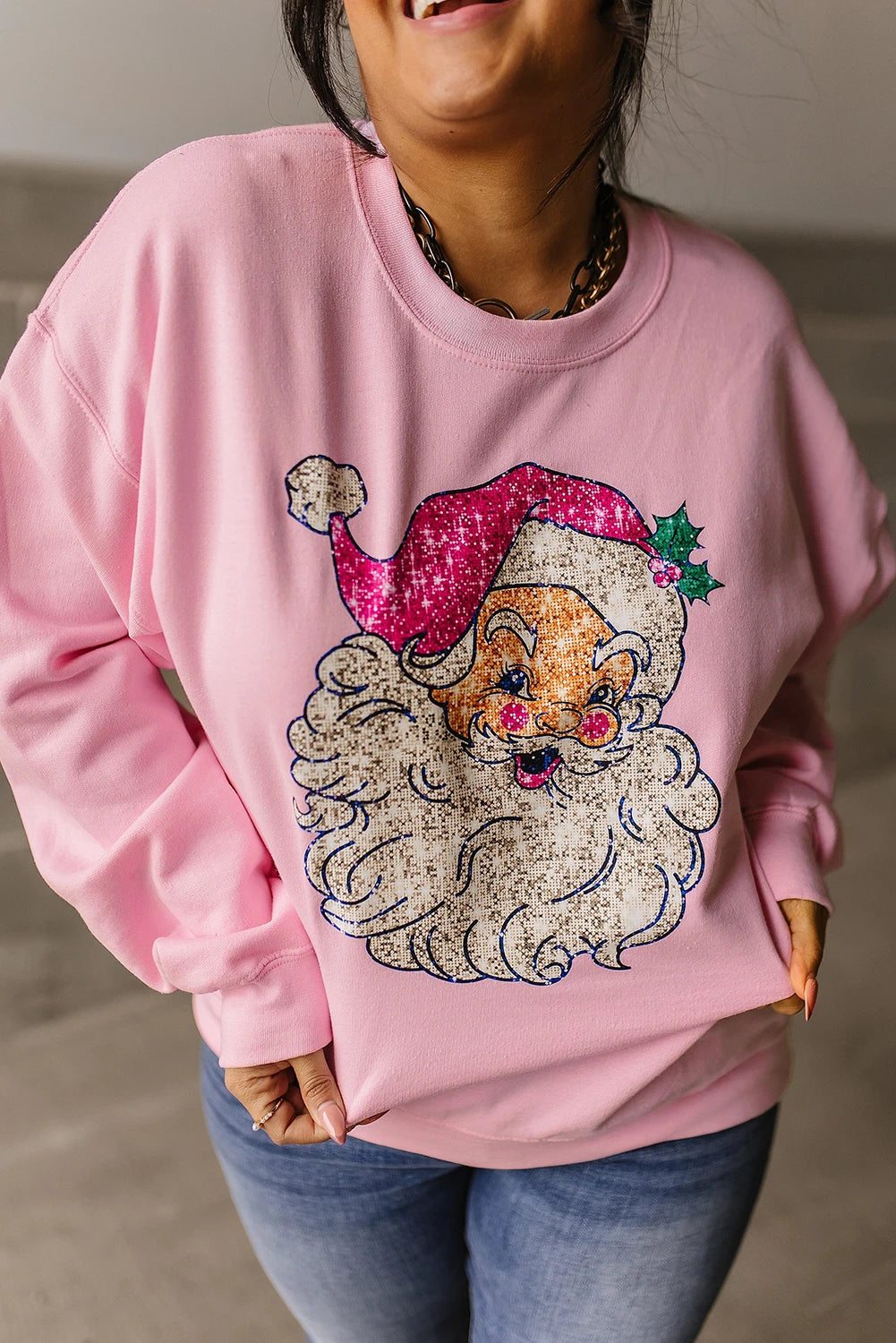 Pink Bold Christmas Claus Graphic Drop Shoulder Sweatshirt