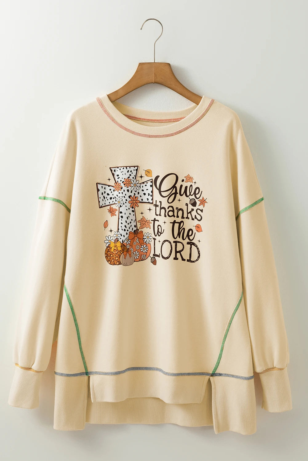 White Give Thanks to the LORD Graphic High Low Hem Loose Sweatshirt