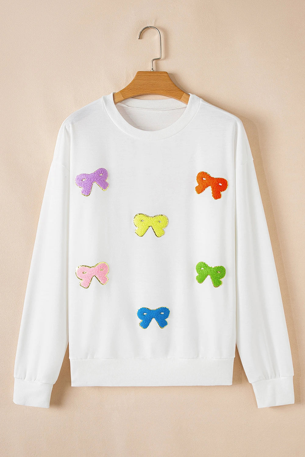 White Chenille Bowknot Patched Graphic Crewneck Sweatshirt