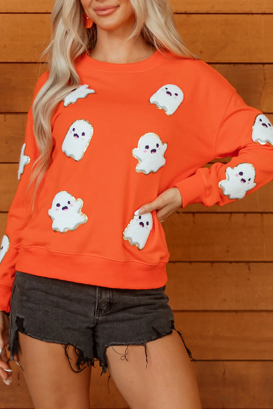 Orange Halloween Ghost Cute Patched Pattern Holiday Sweatshirt