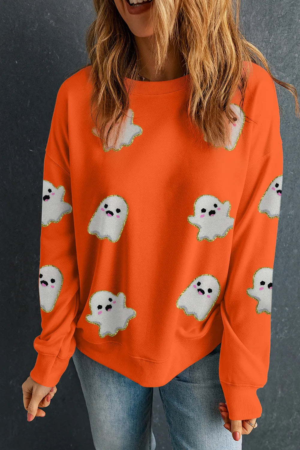 Orange Halloween Ghost Cute Patched Pattern Holiday Sweatshirt