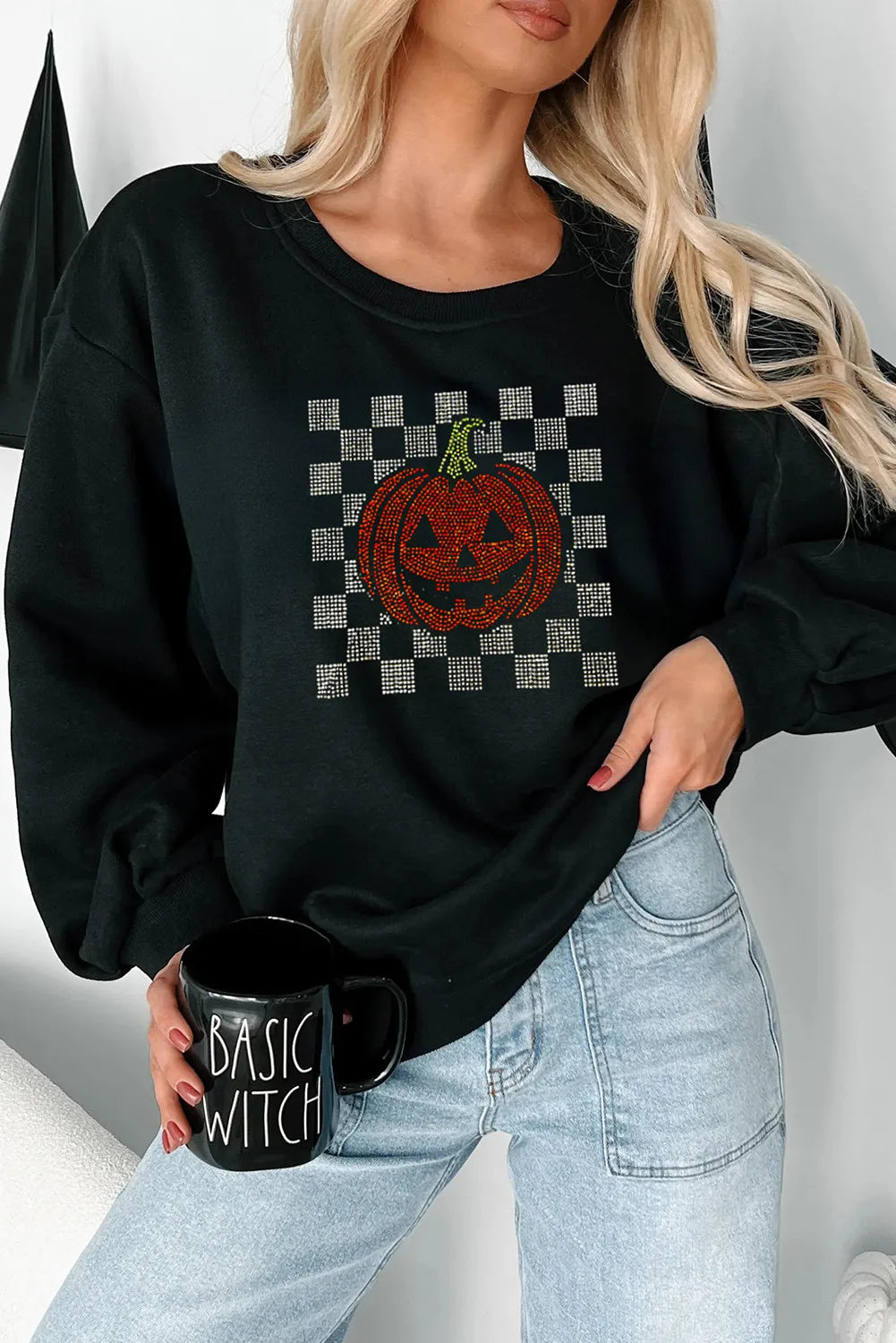 Black Rhinestone Jack-o-lantern Checkered Graphic Halloween Sweatshirt