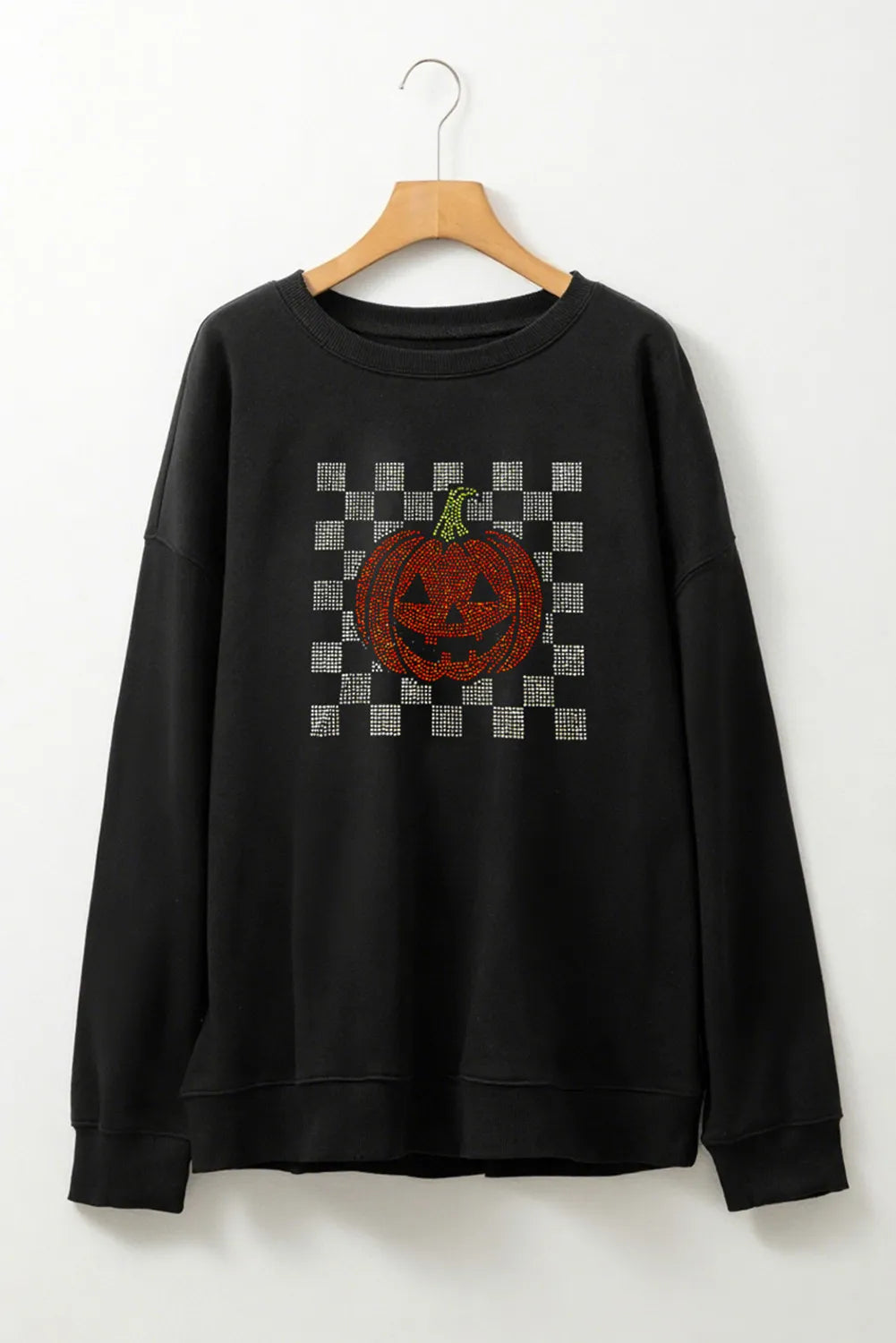 Black Rhinestone Jack-o-lantern Checkered Graphic Halloween Sweatshirt