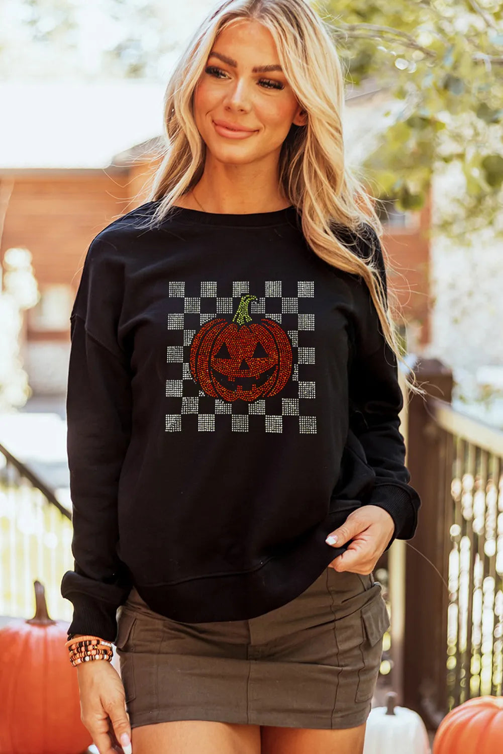 Black Rhinestone Jack-o-lantern Checkered Graphic Halloween Sweatshirt