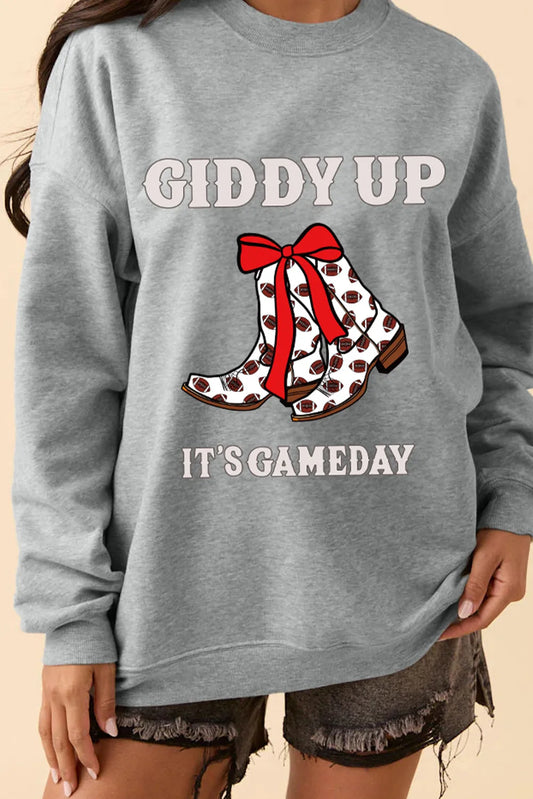 Gray GIDDY UP ITS GAME DAY Cowgirl Boots Graphic Sweatshirt