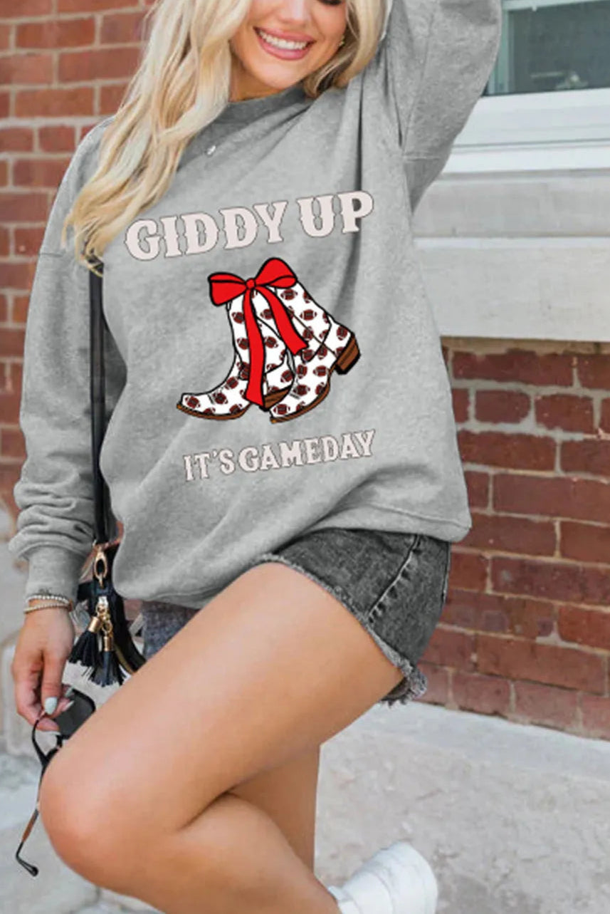 Gray GIDDY UP ITS GAME DAY Cowgirl Boots Graphic Sweatshirt
