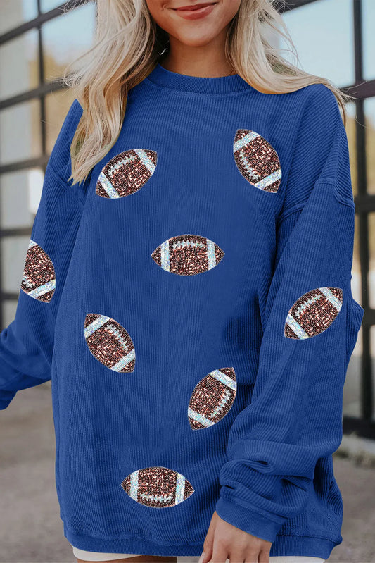 Dark Blue 3D Ribbed Texture Sequin Rugby Patched Baggy Sweatshirt