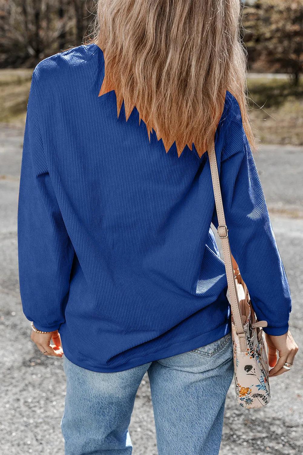 Dark Blue 3D Ribbed Texture Sequin Rugby Patched Baggy Sweatshirt