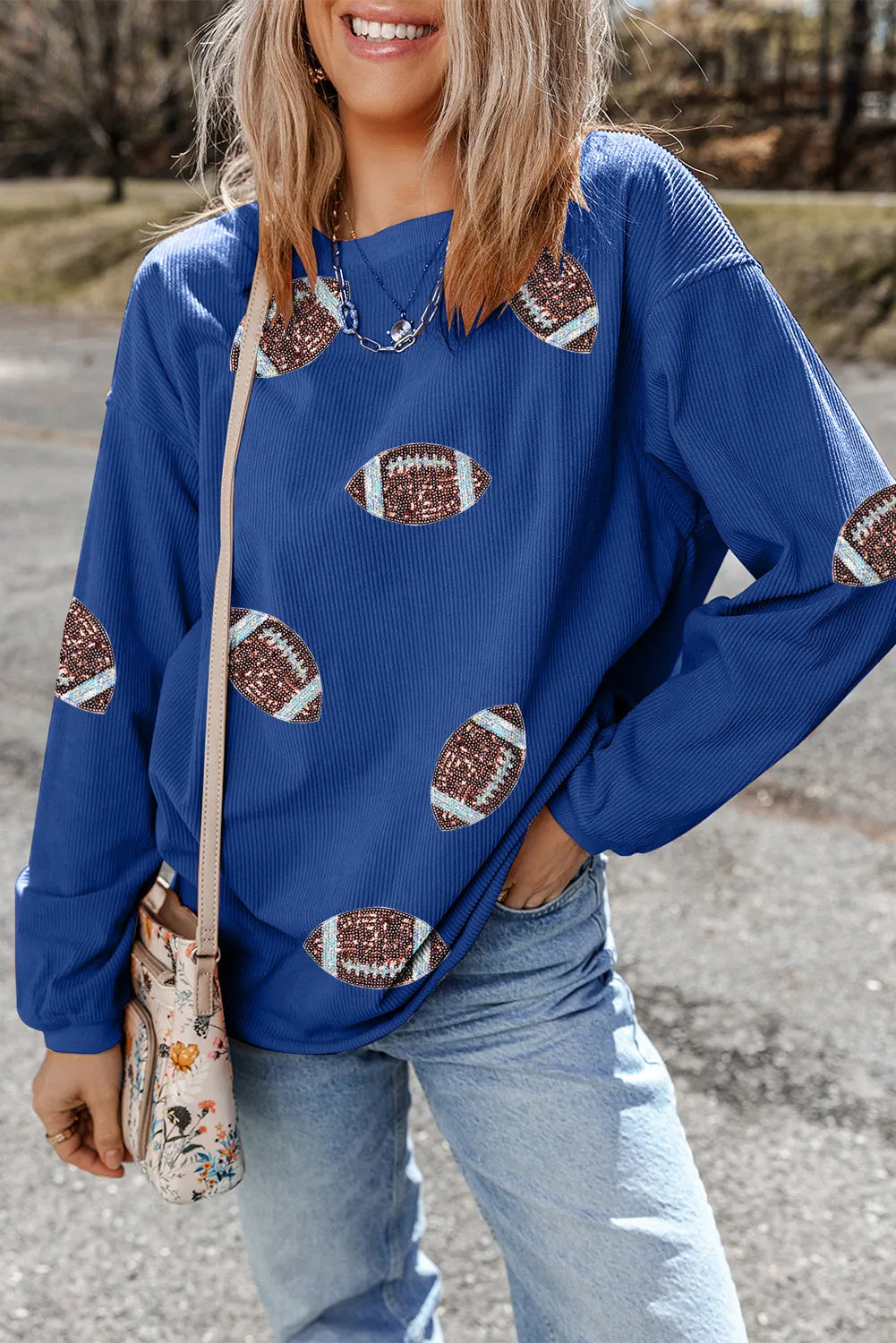 Dark Blue 3D Ribbed Texture Sequin Rugby Patched Baggy Sweatshirt