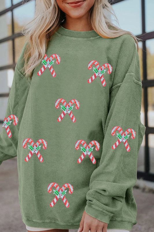 Grass Green Candy Cane Shimmer Patched Corded Baggy Sweatshirt