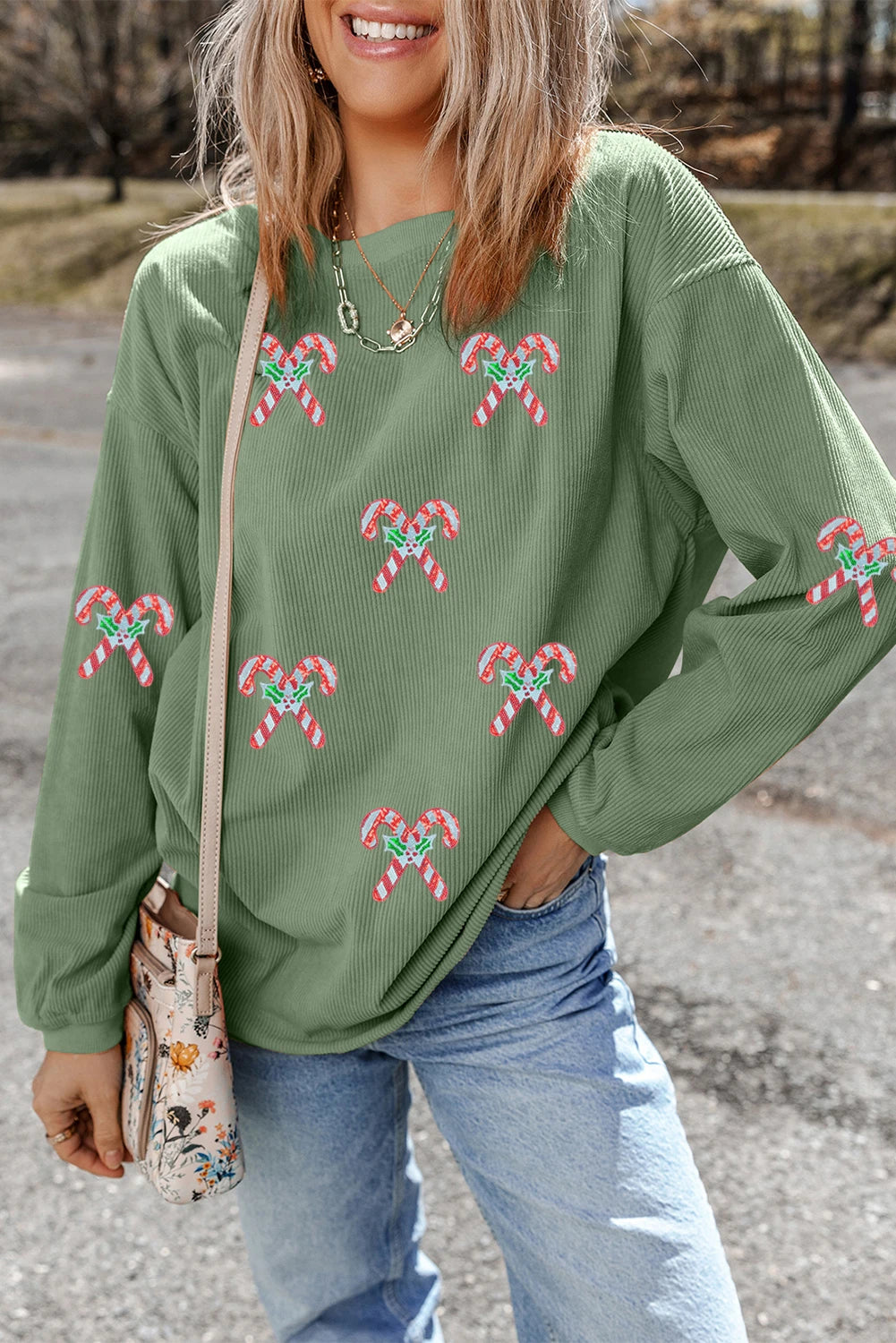 Grass Green Candy Cane Shimmer Patched Corded Baggy Sweatshirt