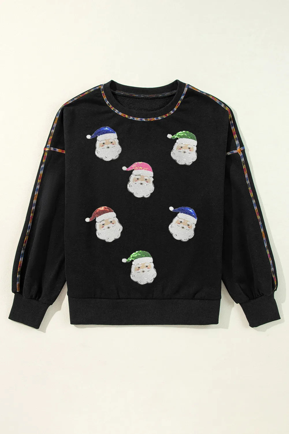 Black Colorful Stitch Trim Sequin Patched Santa Claus Baggy Sweatshirt