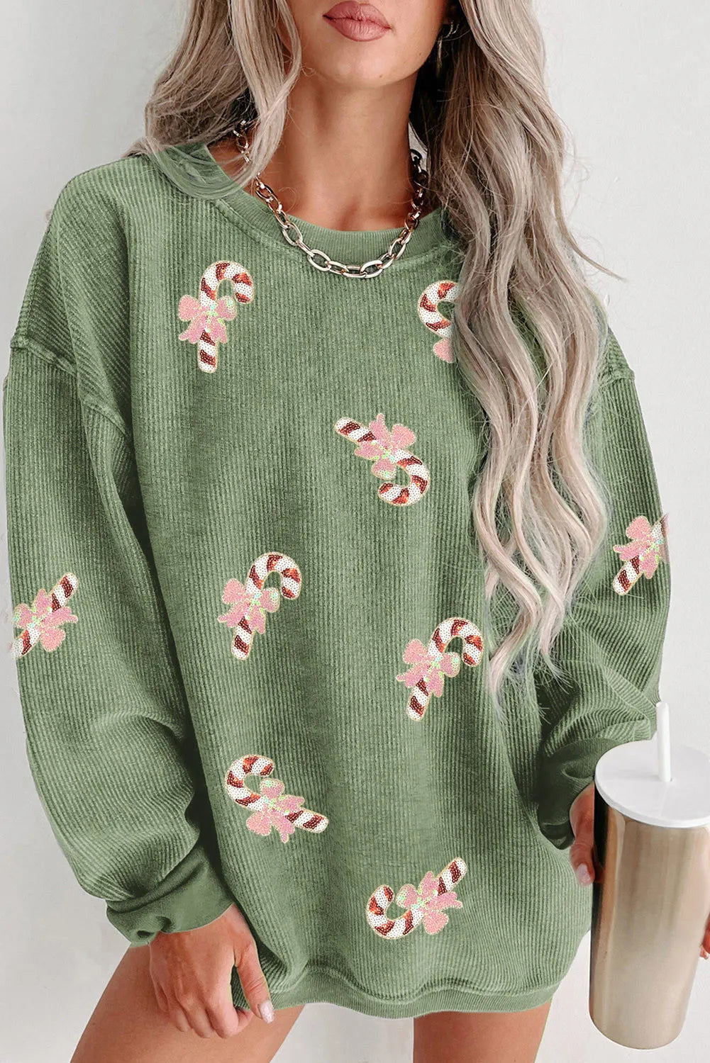 Grass Green Christmas Sequin Candy Cane Patched Corded Ribbed Baggy Sweatshirt