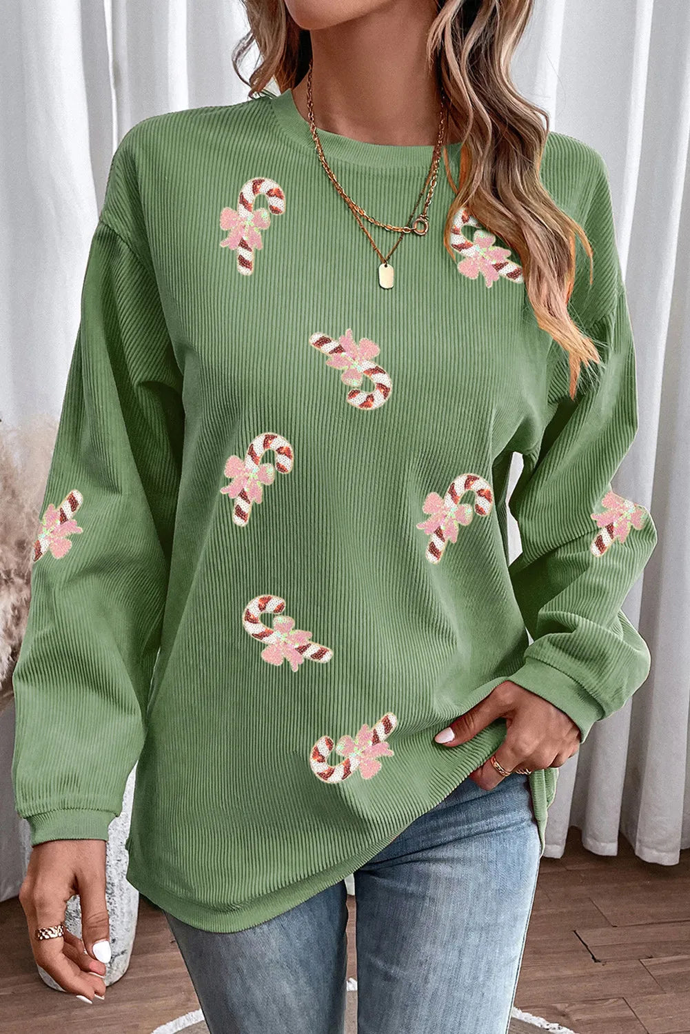 Grass Green Christmas Sequin Candy Cane Patched Corded Ribbed Baggy Sweatshirt