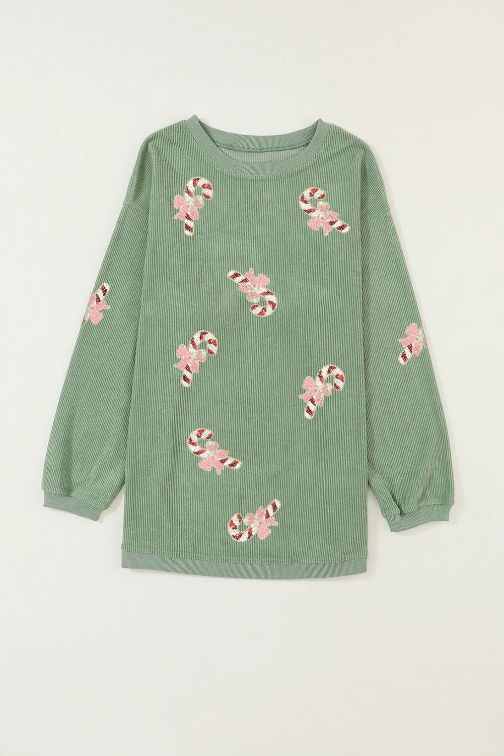 Grass Green Christmas Sequin Candy Cane Patched Corded Ribbed Baggy Sweatshirt