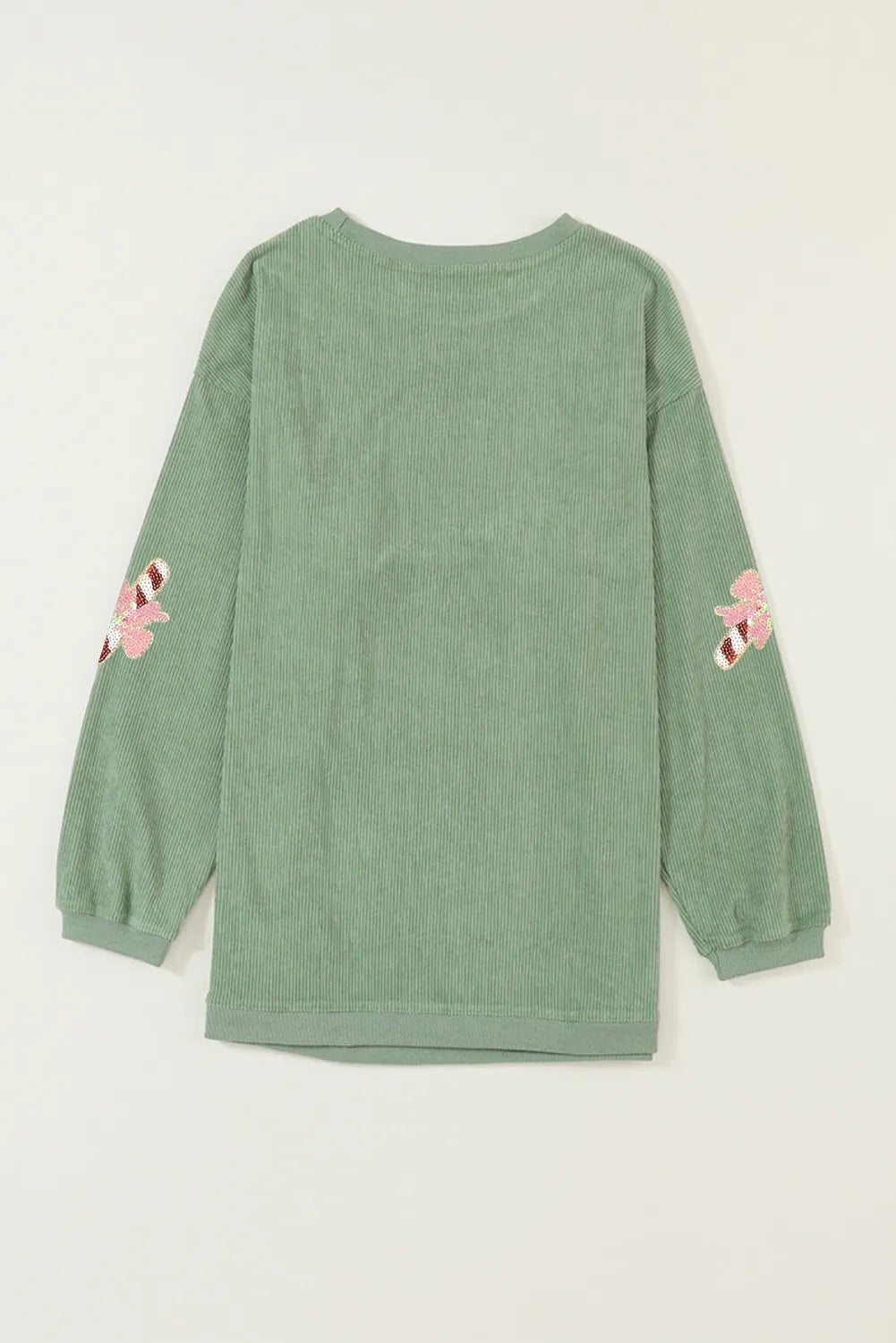 Grass Green Christmas Sequin Candy Cane Patched Corded Ribbed Baggy Sweatshirt