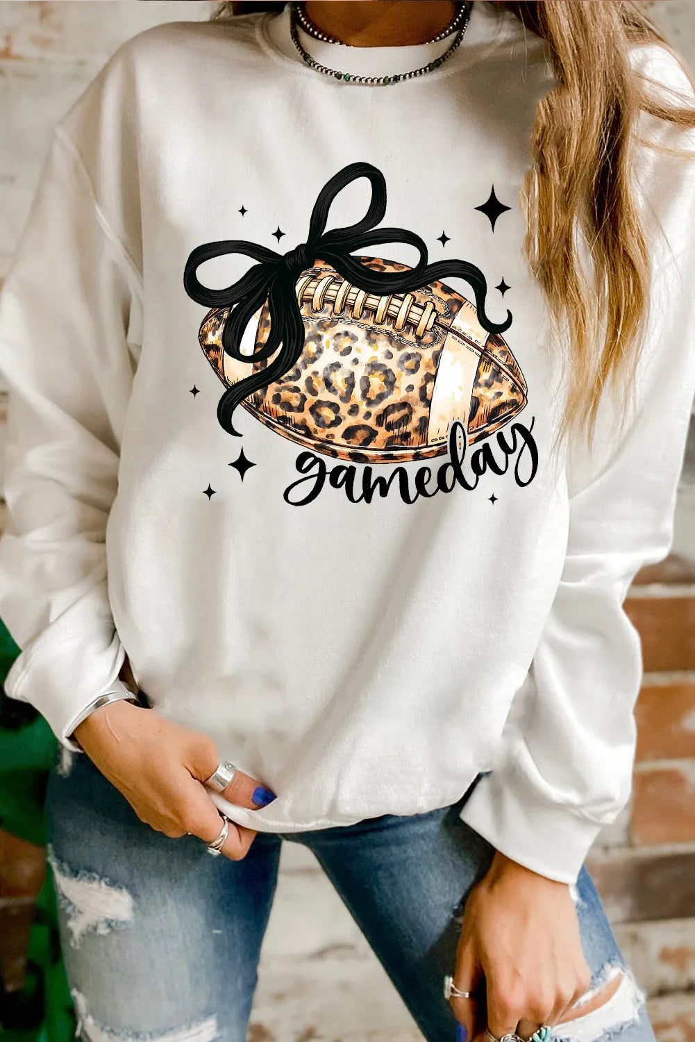 White Game Day Leopard Rugby Graphic Customized Crew Neck Sweatshirt