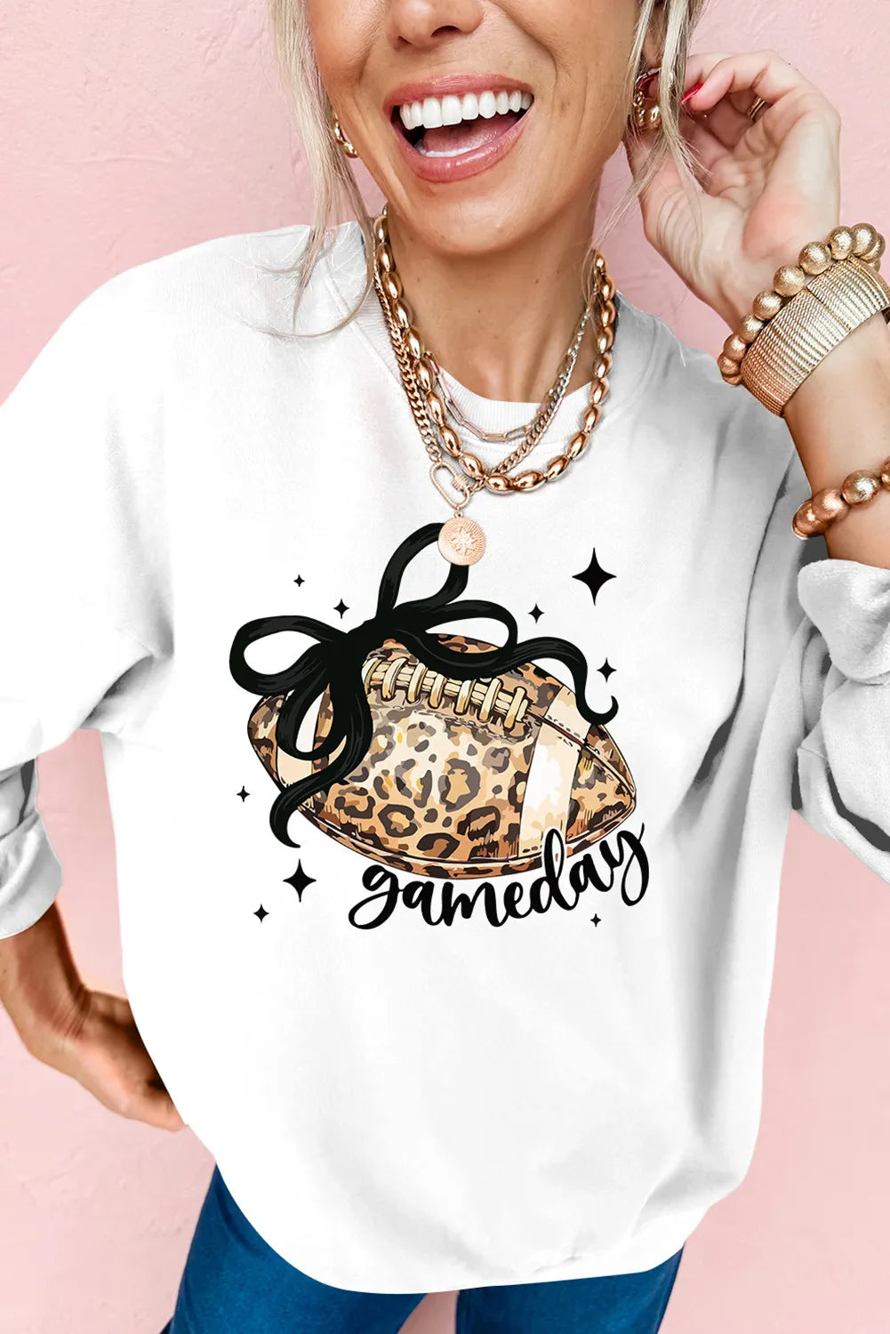White Game Day Leopard Rugby Graphic Customized Crew Neck Sweatshirt