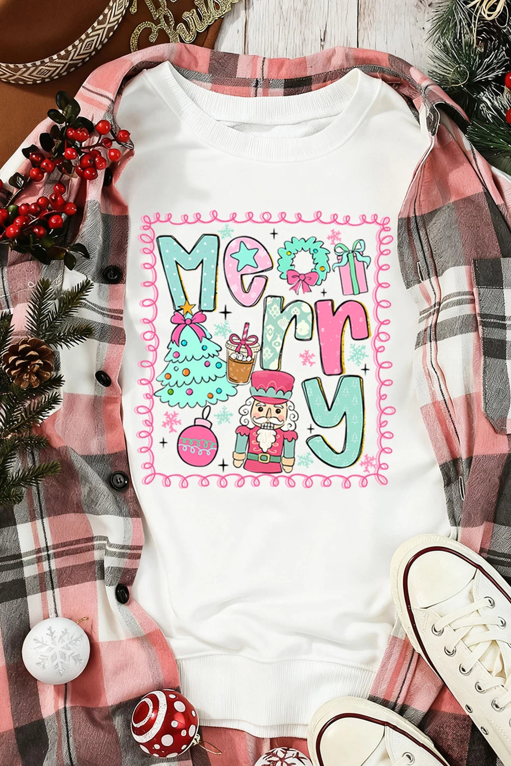 White Merry Christmas Fashion Print Cotton Blend Sweatshirt