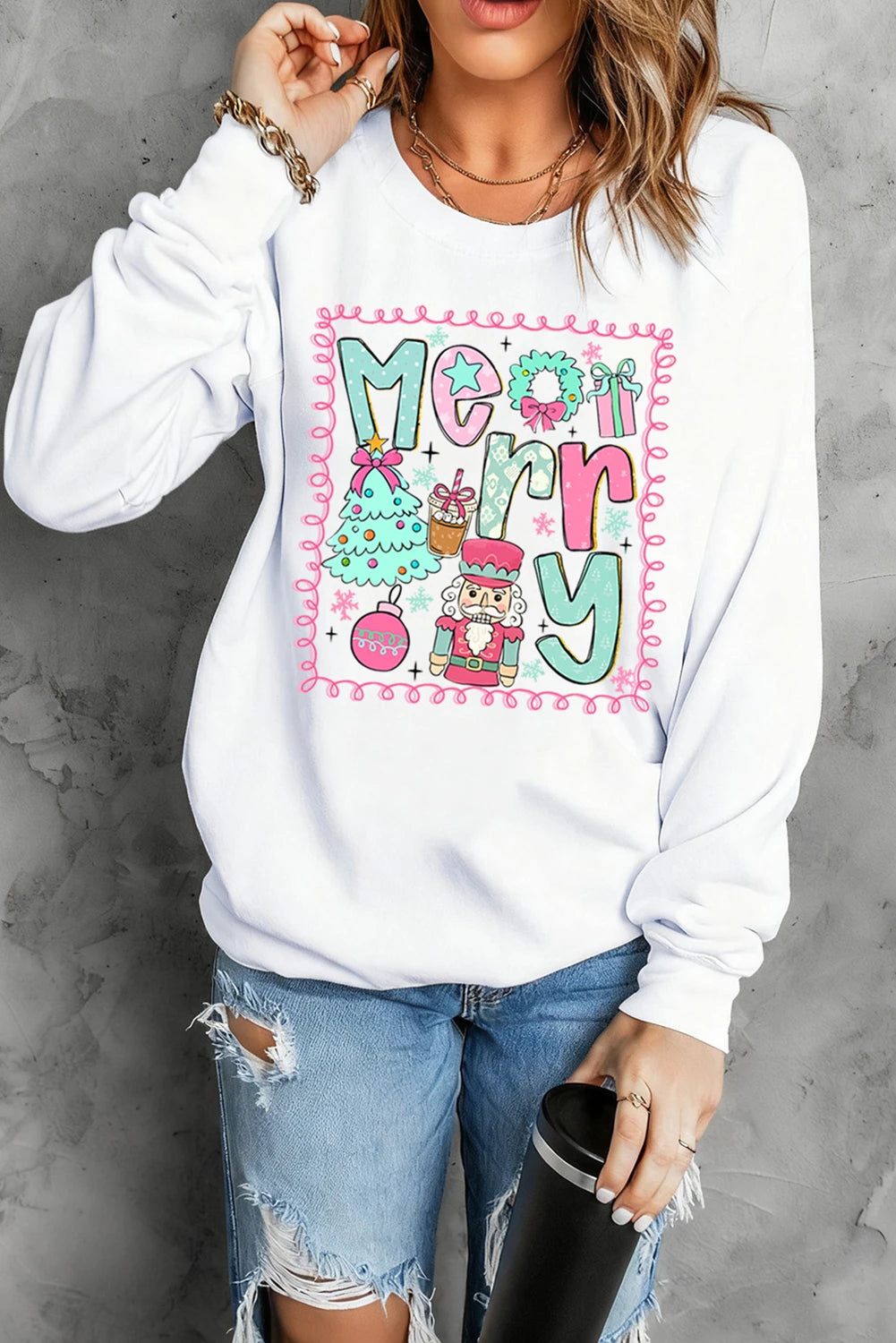 White Merry Christmas Fashion Print Cotton Blend Sweatshirt