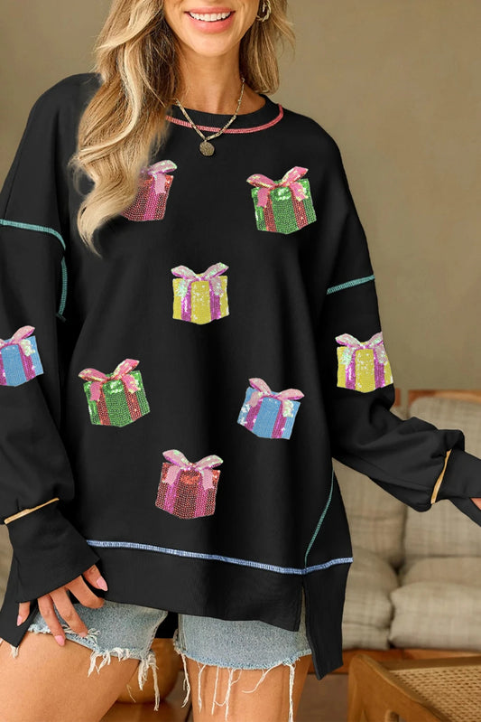 Black Contrast Trim Sequin Patched Christmas Gift Baggy Sweatshirt
