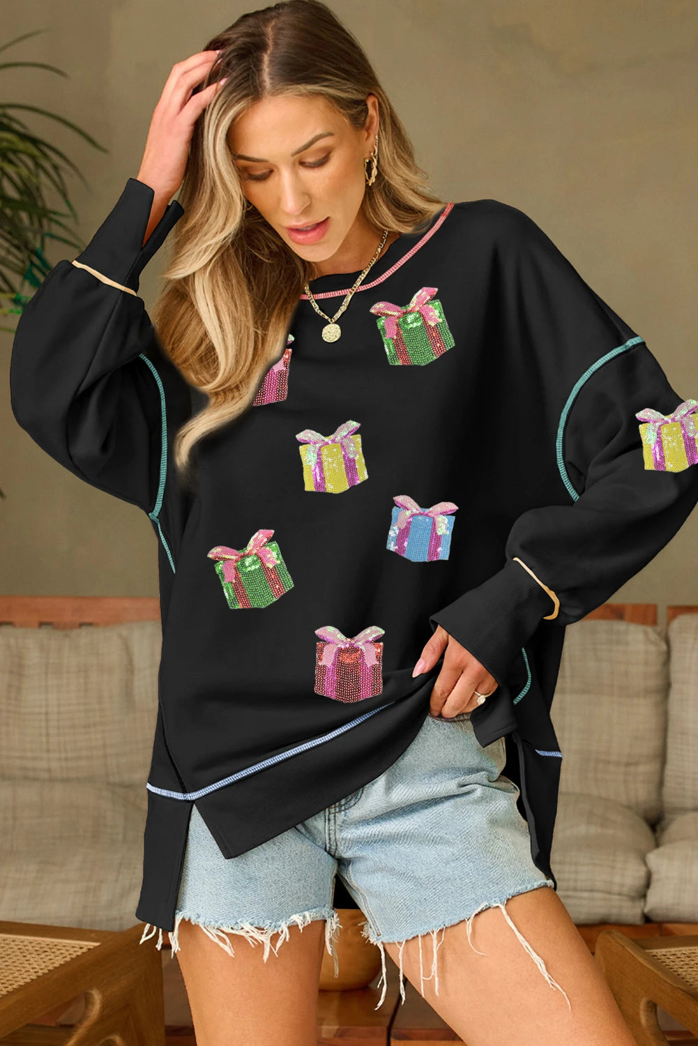 Black Contrast Trim Sequin Patched Christmas Gift Baggy Sweatshirt