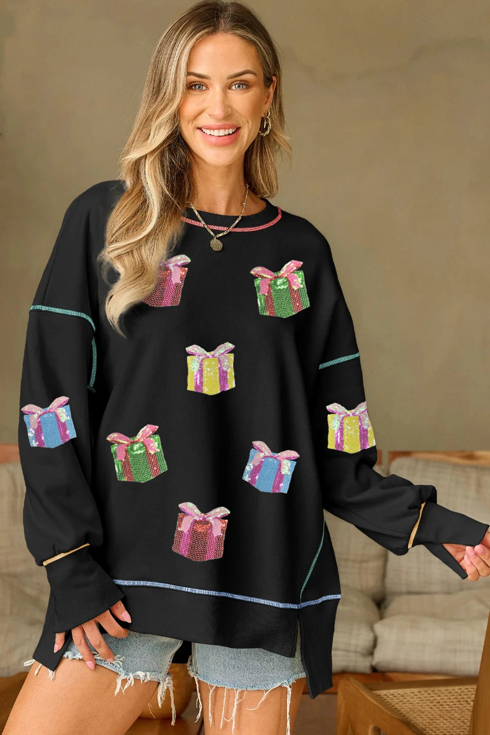 Black Contrast Trim Sequin Patched Christmas Gift Baggy Sweatshirt