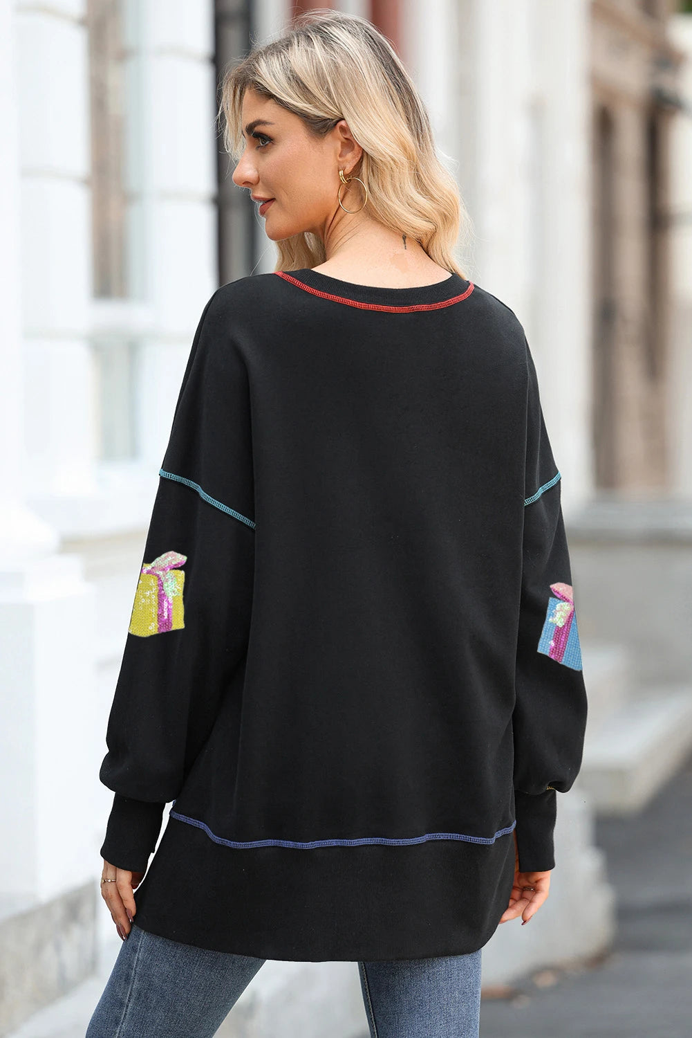 Black Contrast Trim Sequin Patched Christmas Gift Baggy Sweatshirt