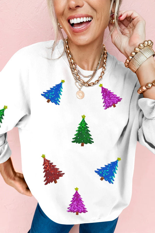 White Shiny Christmas Tree Patched Patterned Festive Sweatshirt
